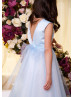 Pearl Neck Sky Blue Satin Polka Dot Tulle Flower Girl Dress Pearl Neck Sky Blue Satin Polka Dot Tulle Flower Girl Dress